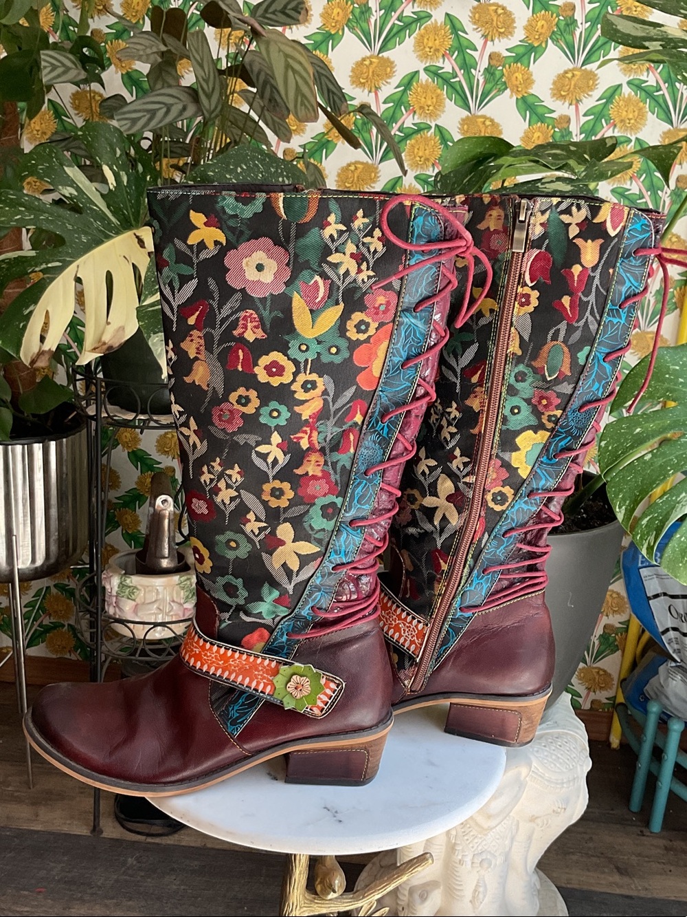 Floral Pattern Burgundy Leather-Trim Women's Knee Boots - Picture 5 of 7